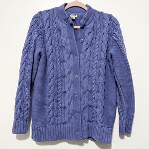 LL Bean Womens Double L Cable Knit Cardigan XL Blue Chunky Fisherman Cotton